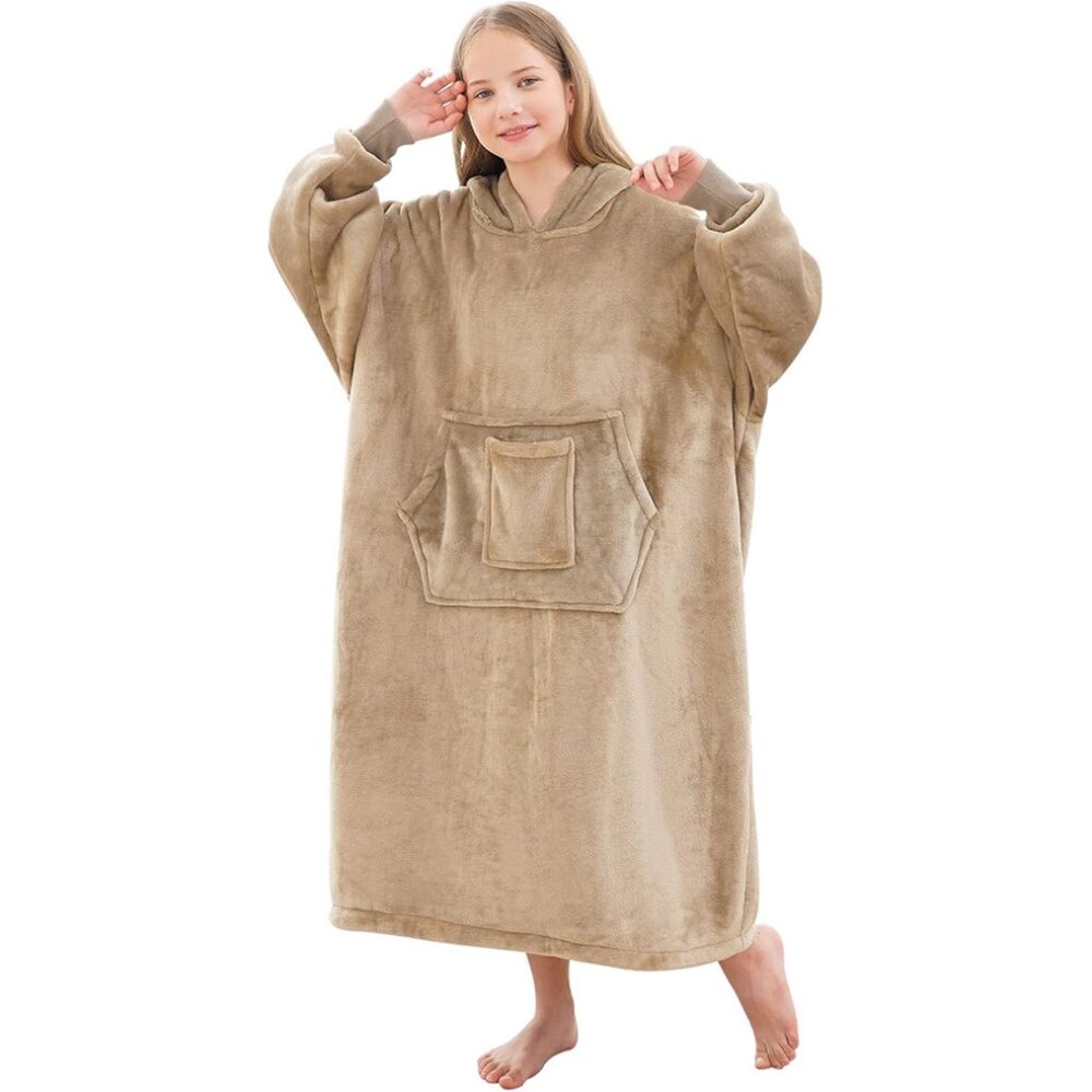 Kids Cozy Long Hooded Fleece Sleep Robe with Pocket